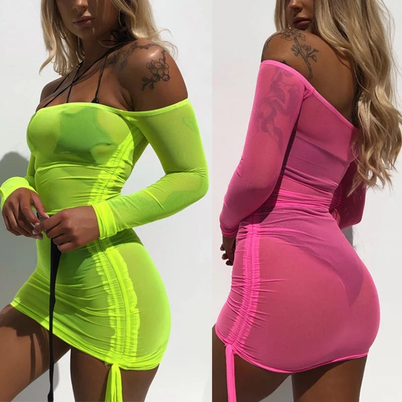 Long Sleeve Sexy Mesh Dress Transparent See Through