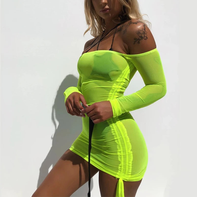 Long Sleeve Sexy Mesh Dress Transparent See Through