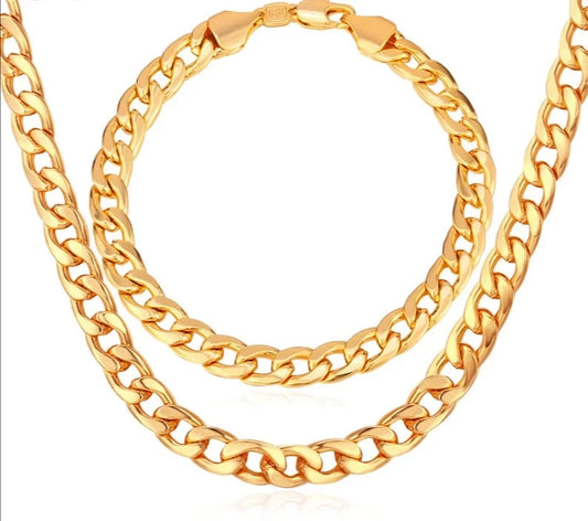 Gold 7MM Wide Chain and Bracelet