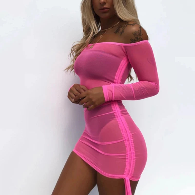 Long Sleeve Sexy Mesh Dress Transparent See Through