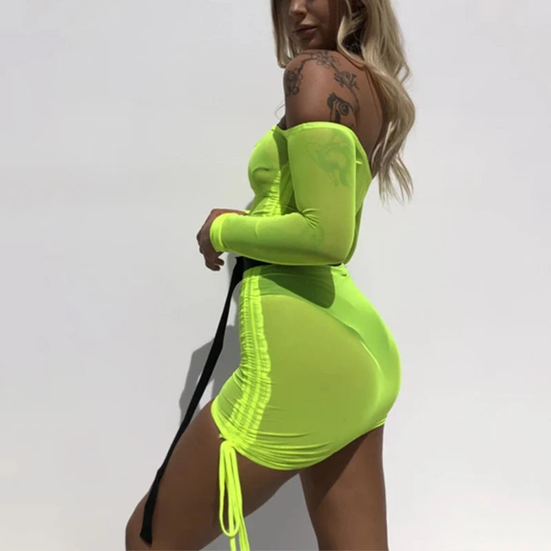 Long Sleeve Sexy Mesh Dress Transparent See Through