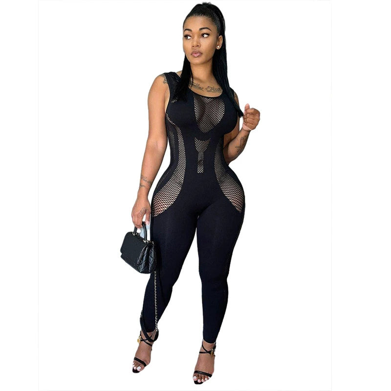 Cutout Knitting Crocheted Sleeveless High Waist Tight Jumpsuit