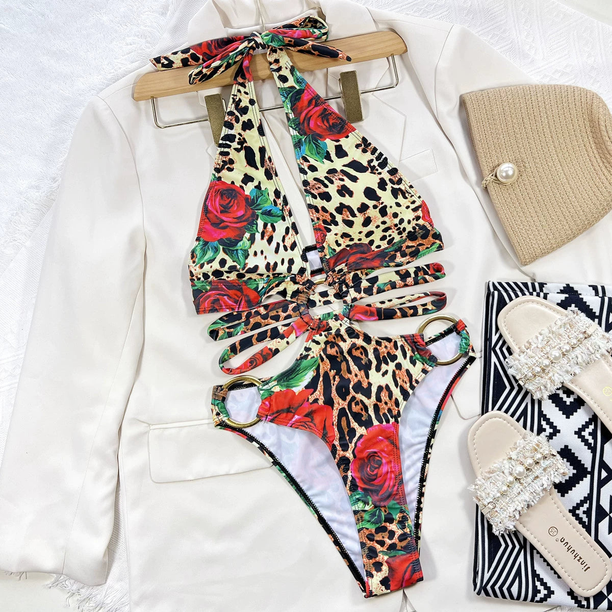 Cut Out Sleeveless Leopard-Print One-Piece Swimming Suit