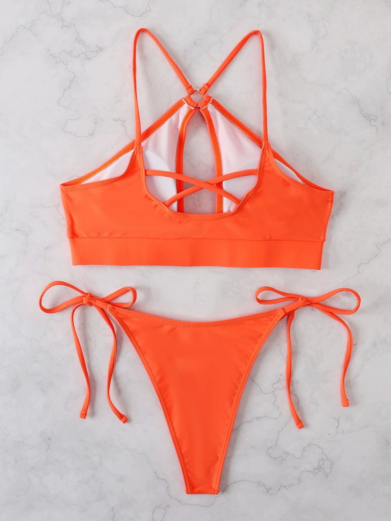 Cut Out Triangle Split Shoelace Bikini Swimsuit with Chest Pad