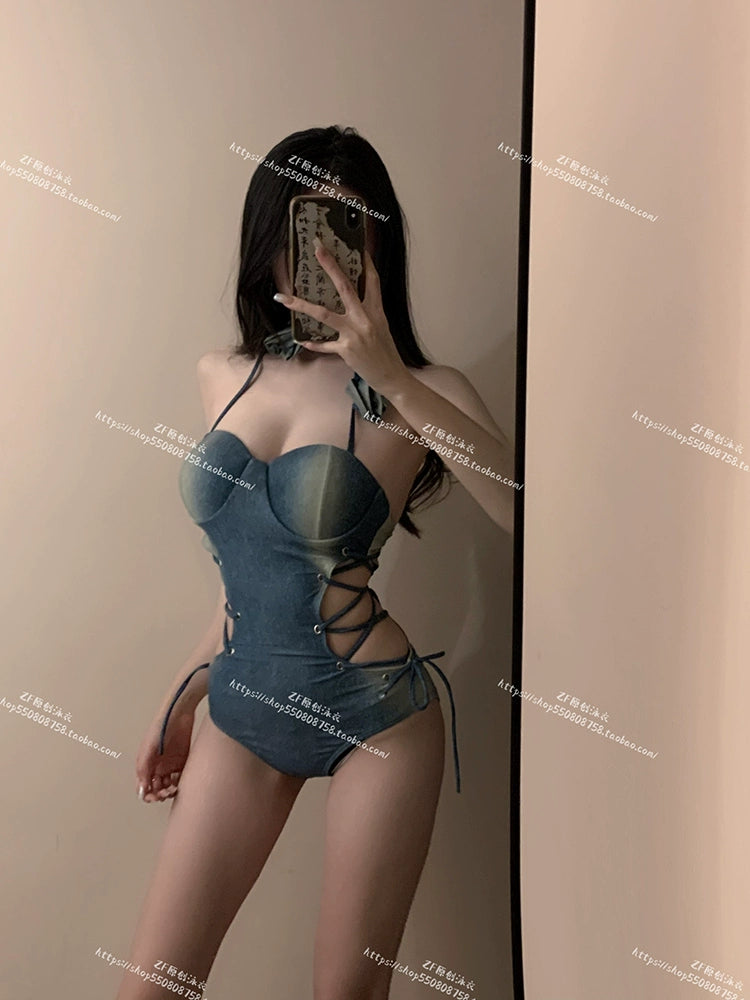 Retro Denim Color One-Piece Swimsuit