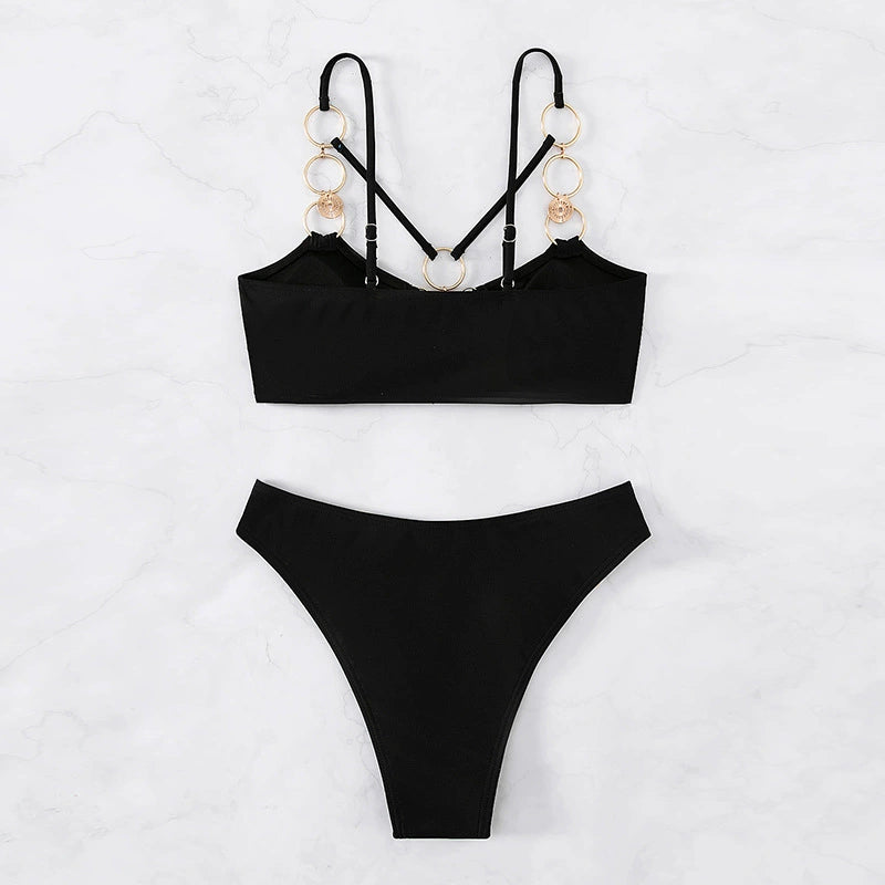 Metal Ring Solid Color Elegant Two-Piece Swimsuit