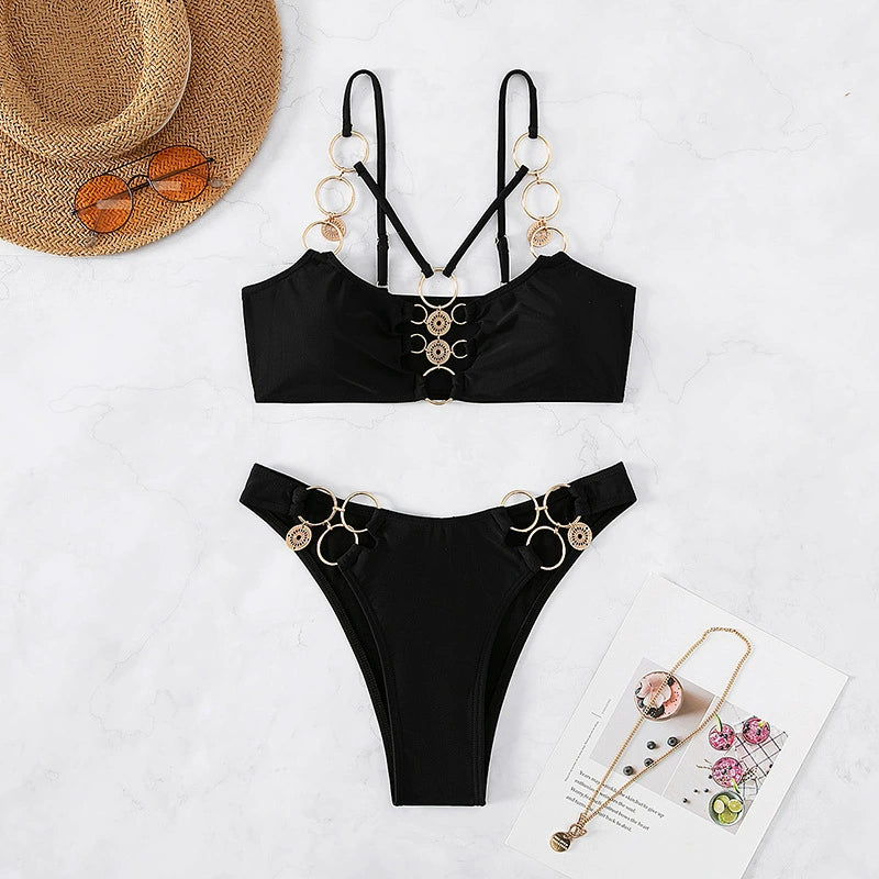 Metal Ring Solid Color Elegant Two-Piece Swimsuit