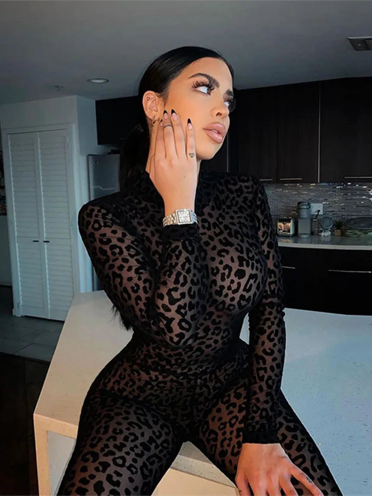 Leopard Mesh Bodystocking See Through Velour Long Sleeve Rompers