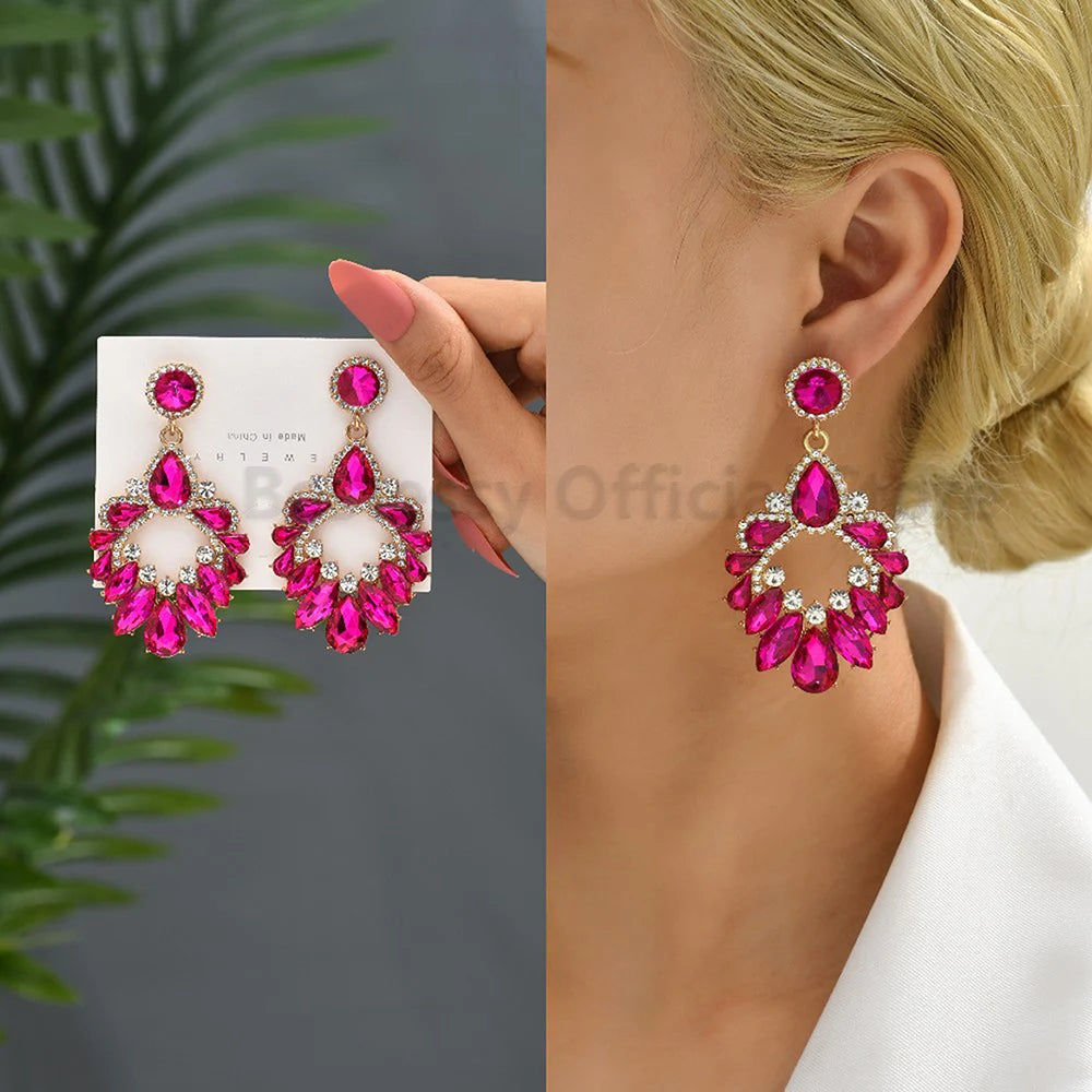 Hot Pink Rhinestone Dangle Earrings