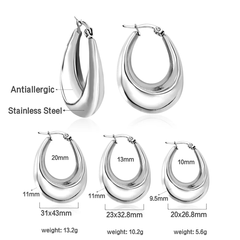 Stainless Steel Metal Hoop Earrings Anti Allergy Silver Color Geometric Punk Ear Jewelry