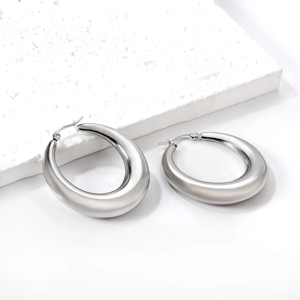 Stainless Steel Metal Hoop Earrings Anti Allergy Silver Color Geometric Punk Ear Jewelry