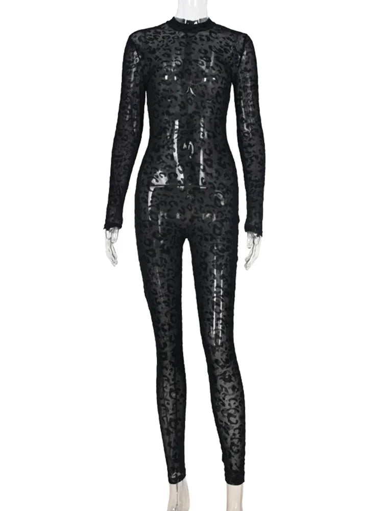 Leopard Mesh Bodystocking See Through Velour Long Sleeve Rompers