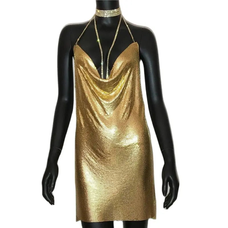 Sequined Patchwork Mini Dress Sleeveless Low Cut Metal Chains