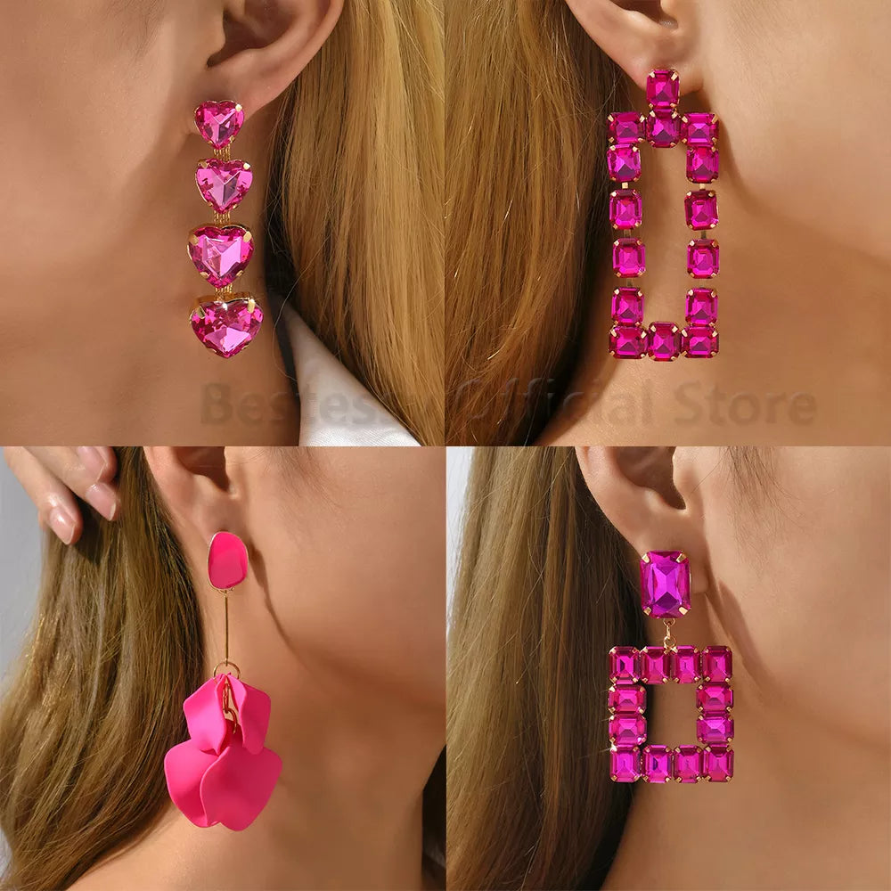 Hot Pink Rhinestone Dangle Earrings