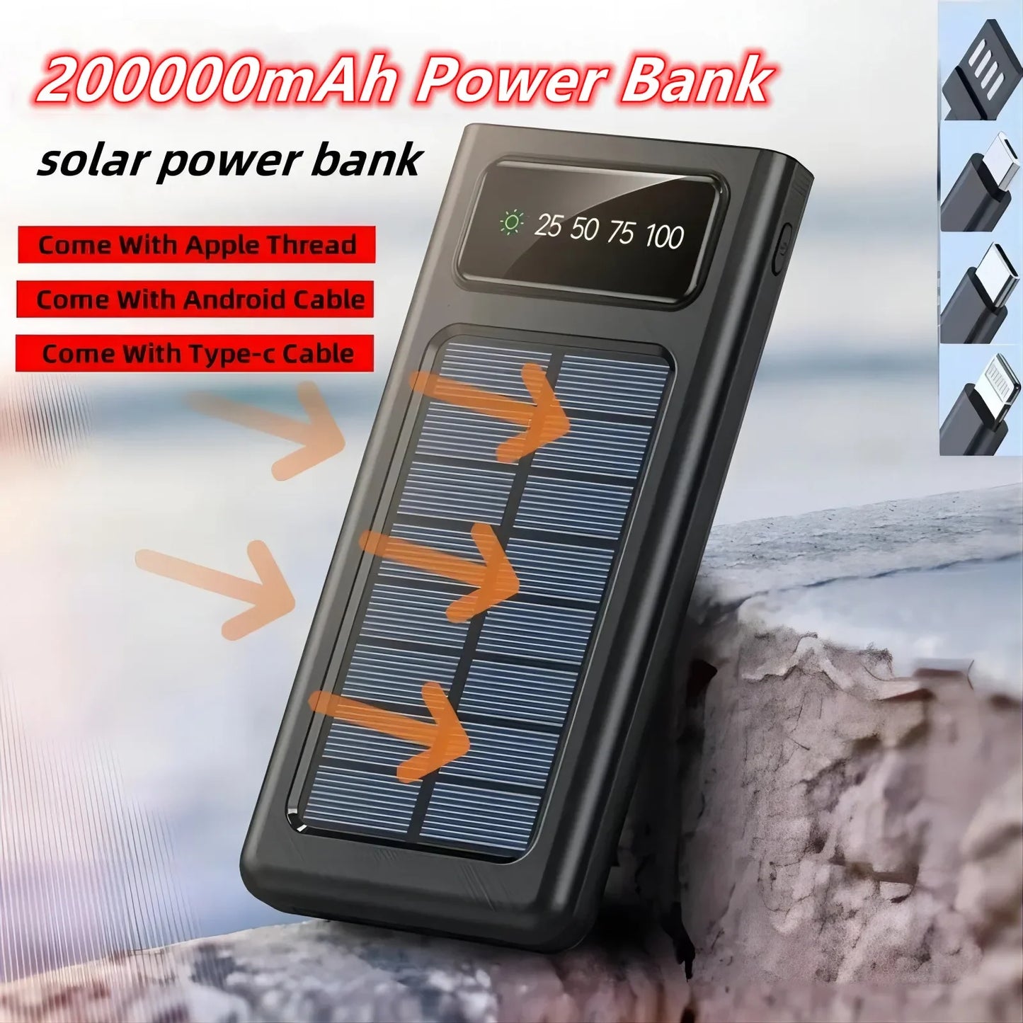 Ultra-Large Capacity (20,0000 mAh) Solar  Charging Power Bank (Four Output Cables)