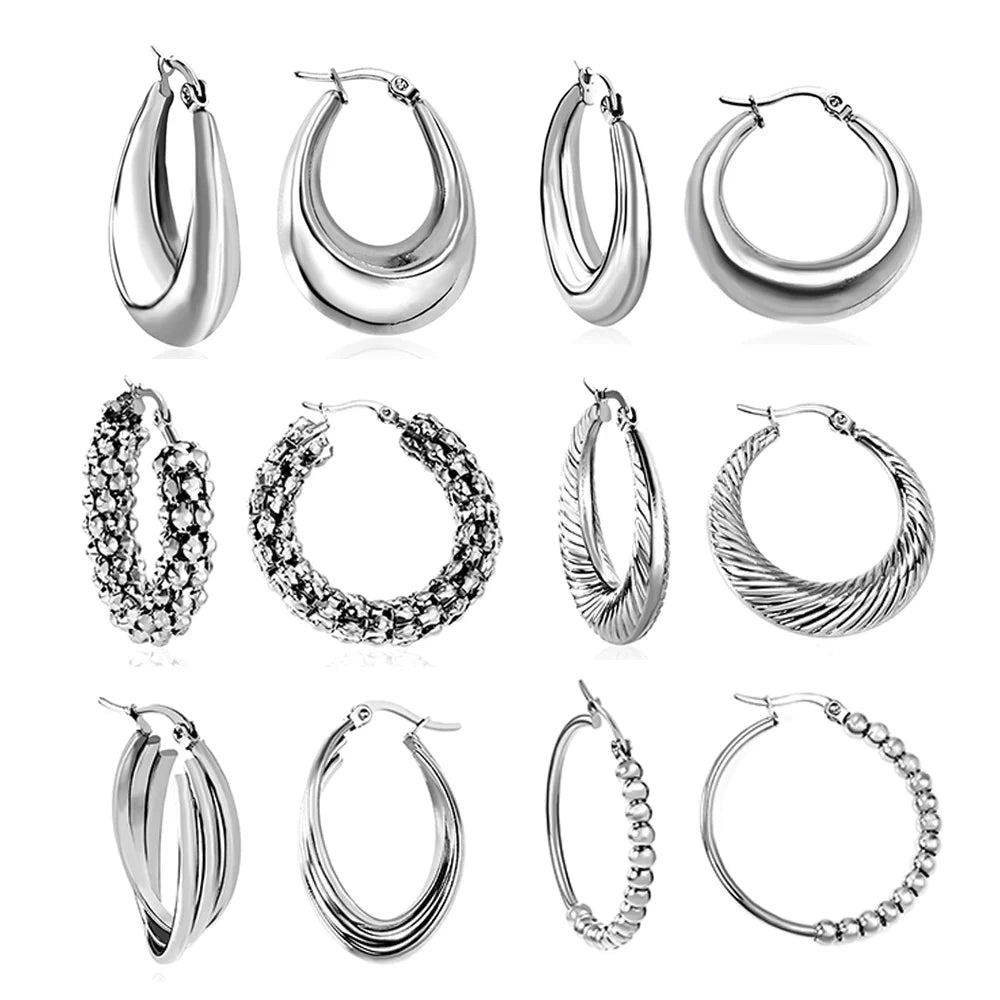 Stainless Steel Metal Hoop Earrings Anti Allergy Silver Color Geometric Punk Ear Jewelry