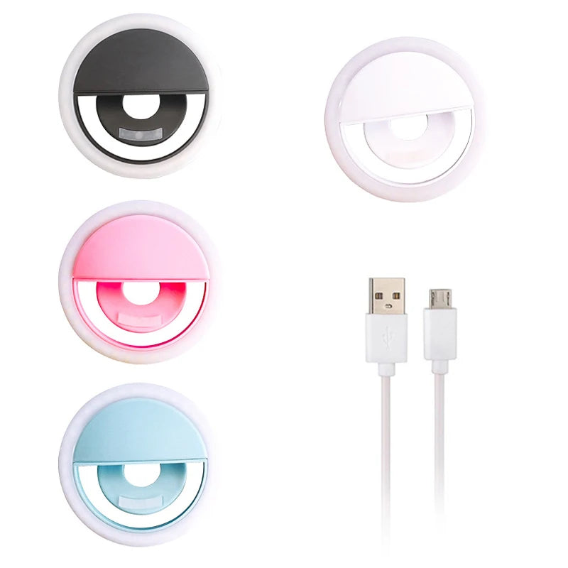 Fashion LED Selfie Light Clip Ring Flashlight For Mobile Phones USB Rechargable 3 Modes Lighting Girl Selfie Lamp Clip on Phone