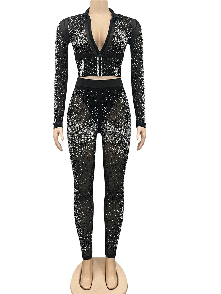 Sparkle Crystal Pants Set Outfits See Through Rhinestone Crop Top And Legging Set