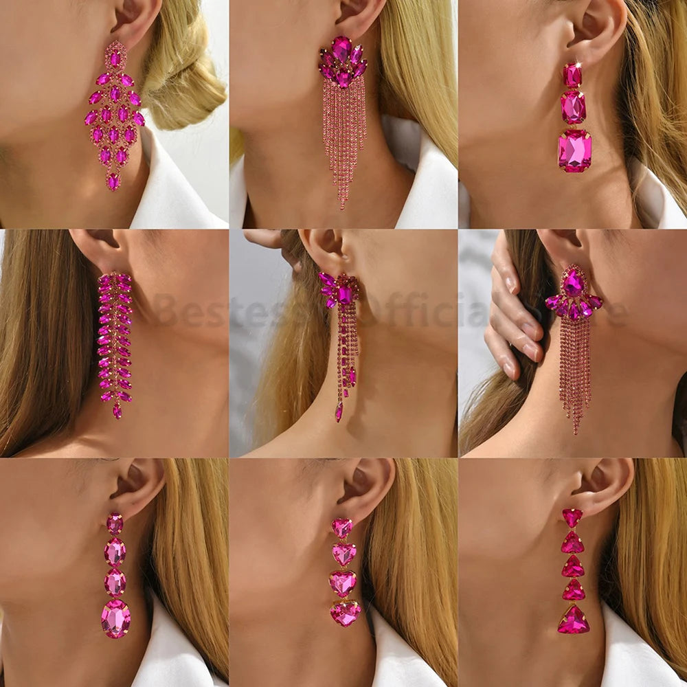 Hot Pink Rhinestone Dangle Earrings