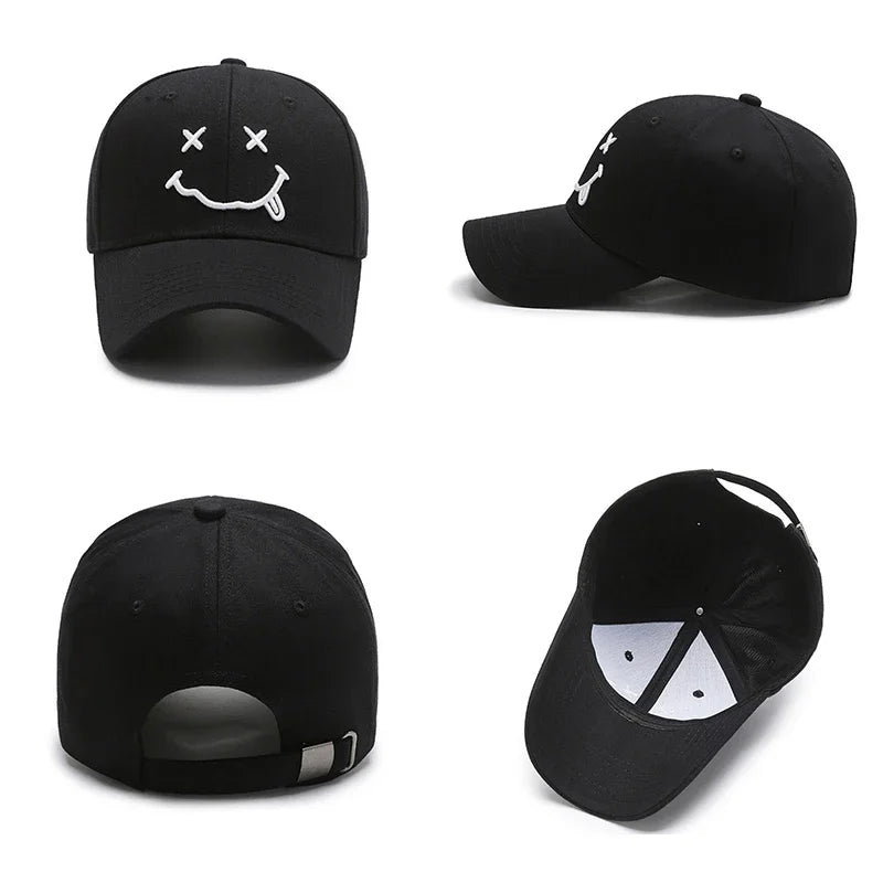 Smile Face Embroidery Baseball Caps Kpop Black Cotton Adjustable Snapback Cap