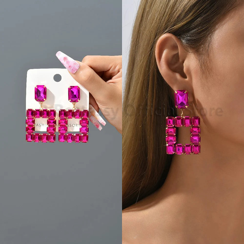 Hot Pink Rhinestone Dangle Earrings