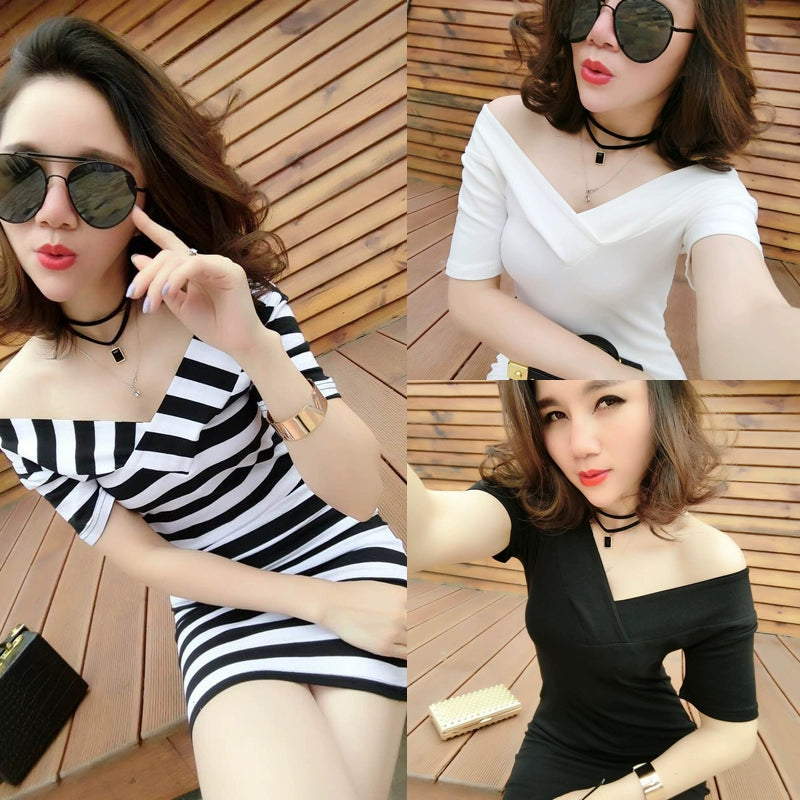 off-Shoulder Slim-Fit Striped Dress